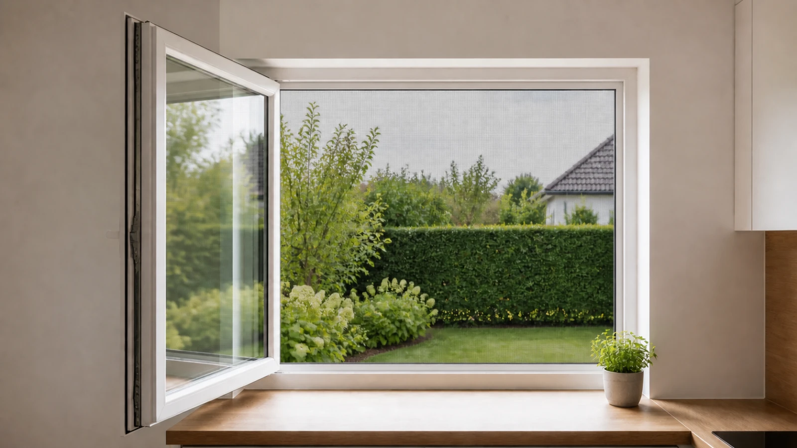 KI-Visualisierung: weißer Spannrahmen mit feinmaschigem Insektenschutzgewebe im geöffneten Fenster