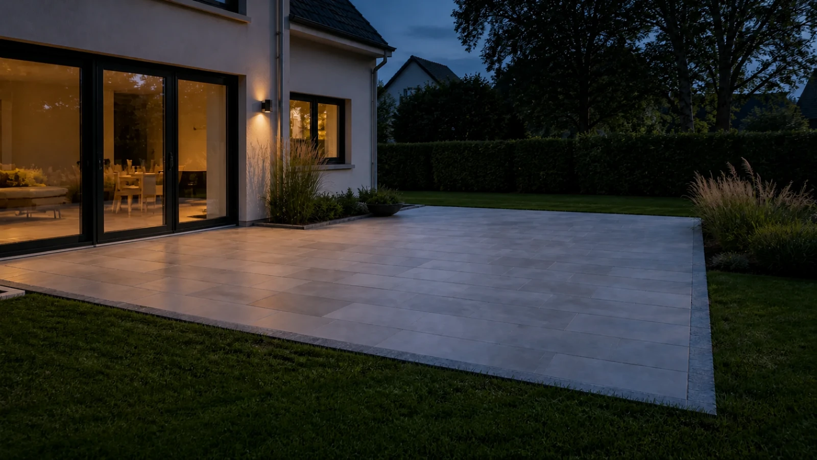 Leere Hausterrasse am Abend ohne Pergola-Beleuchtung