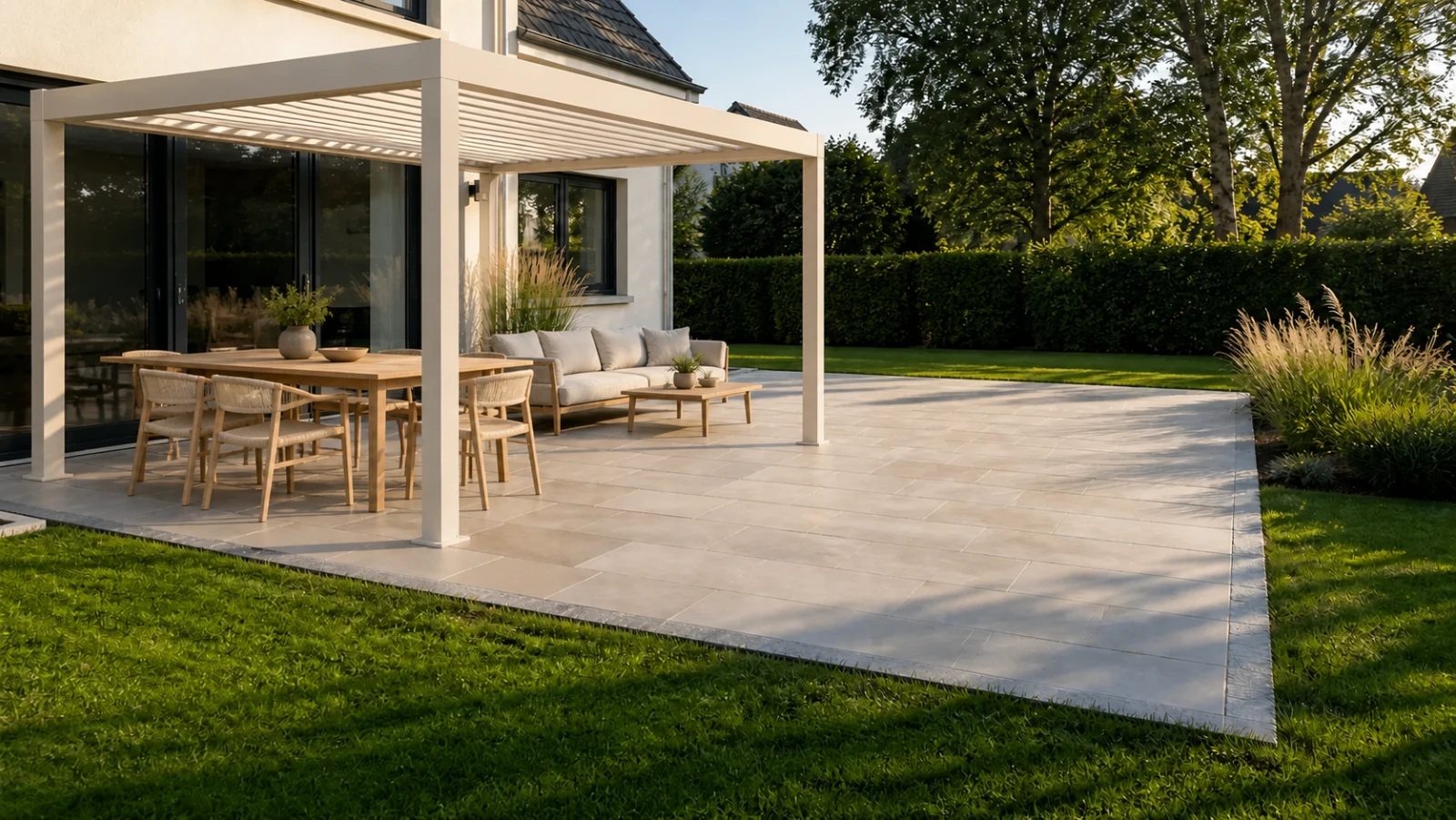Freistehende helle Lamellenpergola auf einer Terrasse