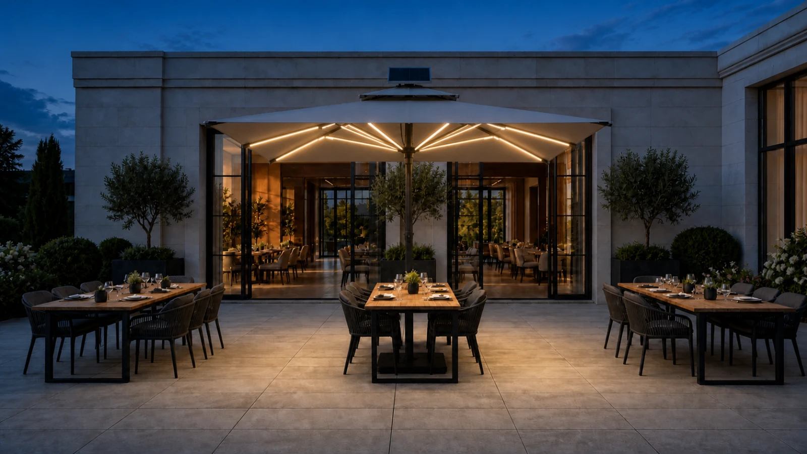 Premium-Sonnenschirm Enjoy quadratisch mit eingeschaltetem LED-Licht über einer Terrasse am Abend