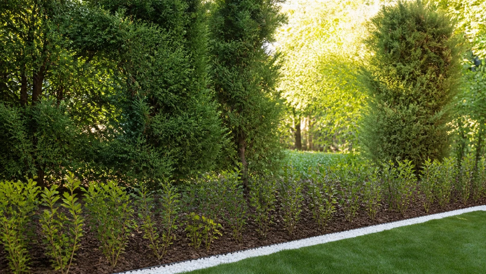 Offene Gartengrenze mit niedriger junger Hecke ohne Sichtschutzzaun