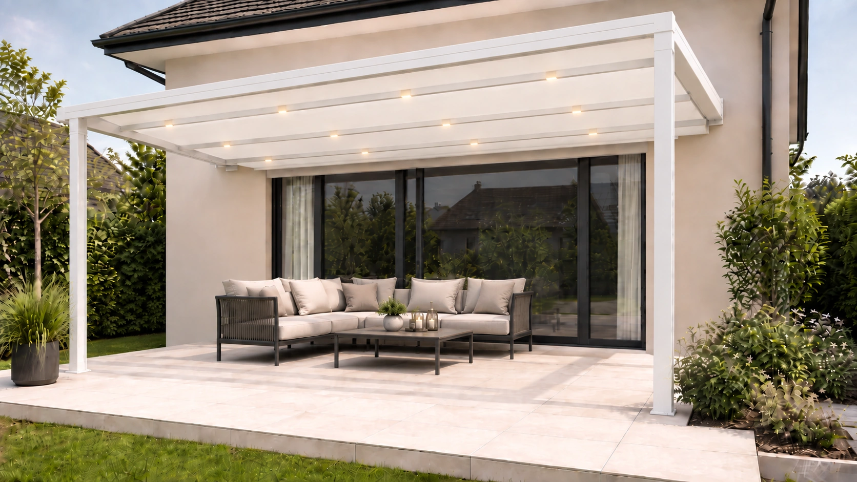 Visualisierung: Stoff-Pergola Flat 125 in Weiß mit Beleuchtung über einer Lounge-Terrasse