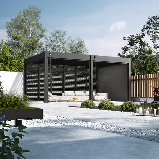 Pergola Classic mit Paneel, horizontaler Lamellenwand und Screen