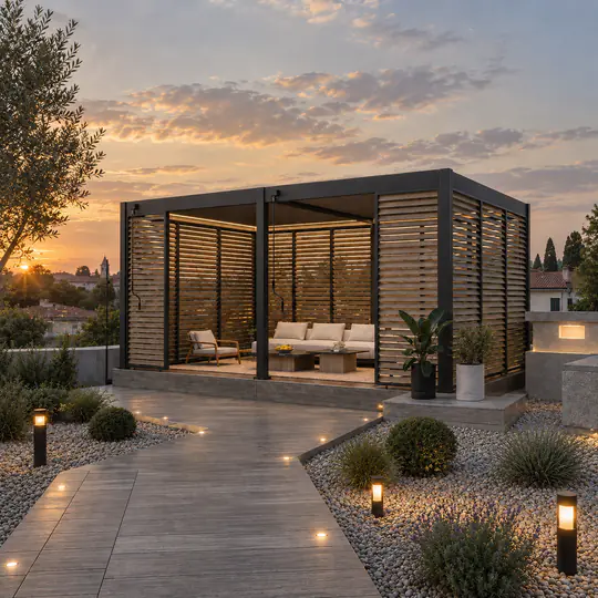 Pergola Classic in Anthrazit mit Seitenwänden in Holzoptik bei Abendlicht