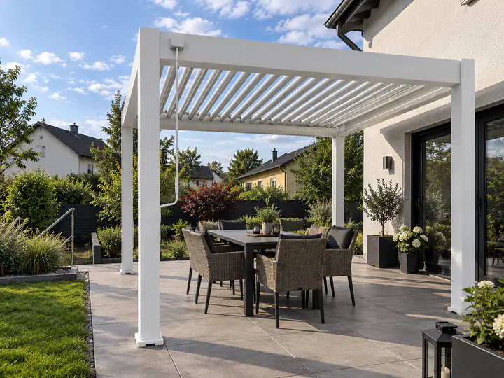 Weiße Pergola Classic mit geöffneten Lamellen im Garten