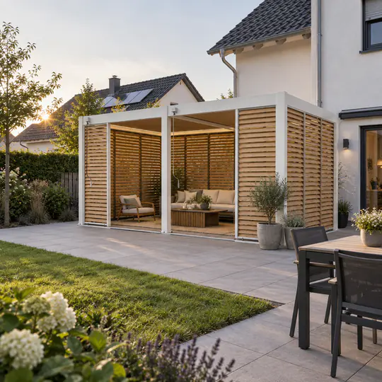 Weiße Pergola Classic mit Seitenwänden in Holzoptik