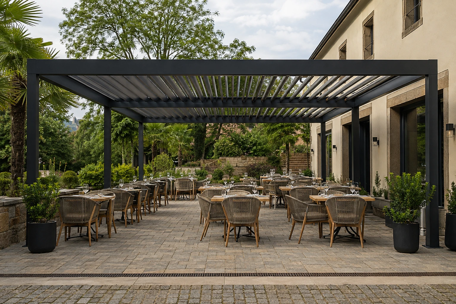 Pergola mit Lamellendach über den Tischen einer Restaurantterrasse