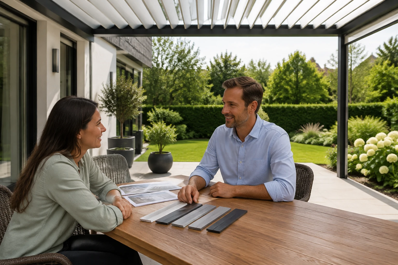 Beratungsgespräch mit Farbmustern unter einer Pergola
