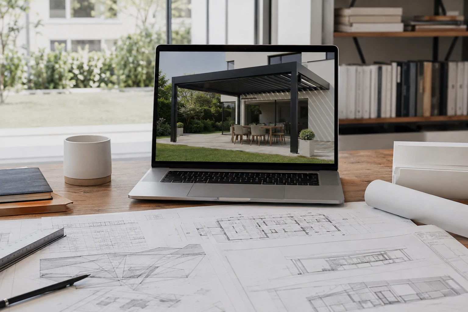 Laptop mit Pergola-Visualisierung neben Grundrissplänen