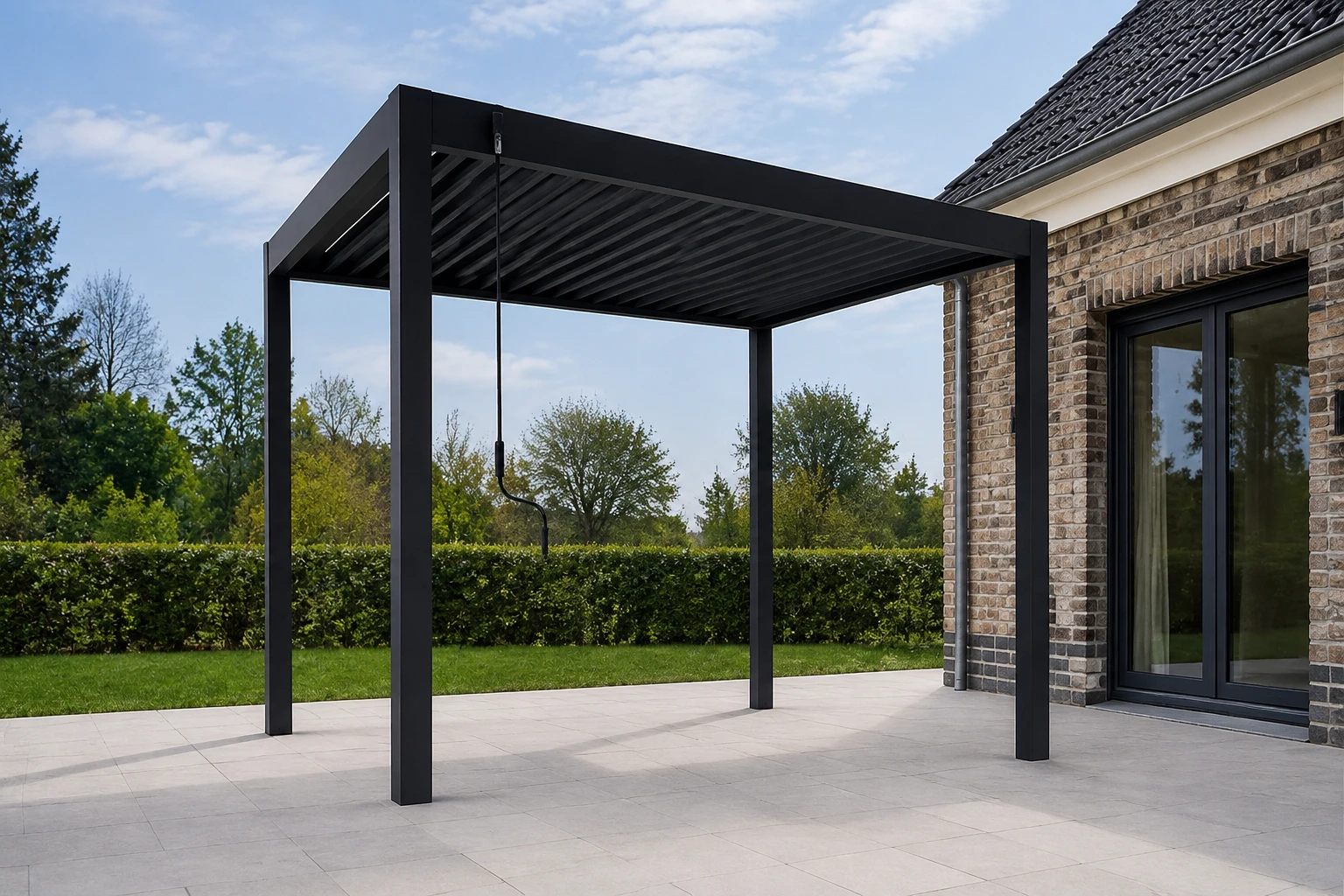 Freistehende Pergola mit Lamellendach auf einer Terrasse vor einem Klinkerhaus