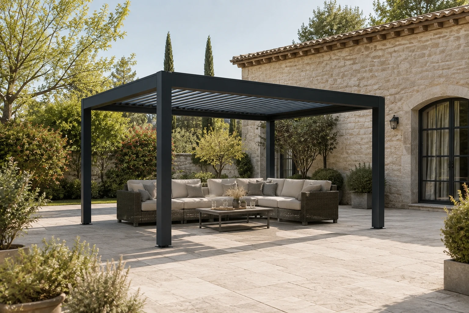 Anthrazitfarbene Pergola mit Lamellendach über einer Lounge vor einem Steinhaus