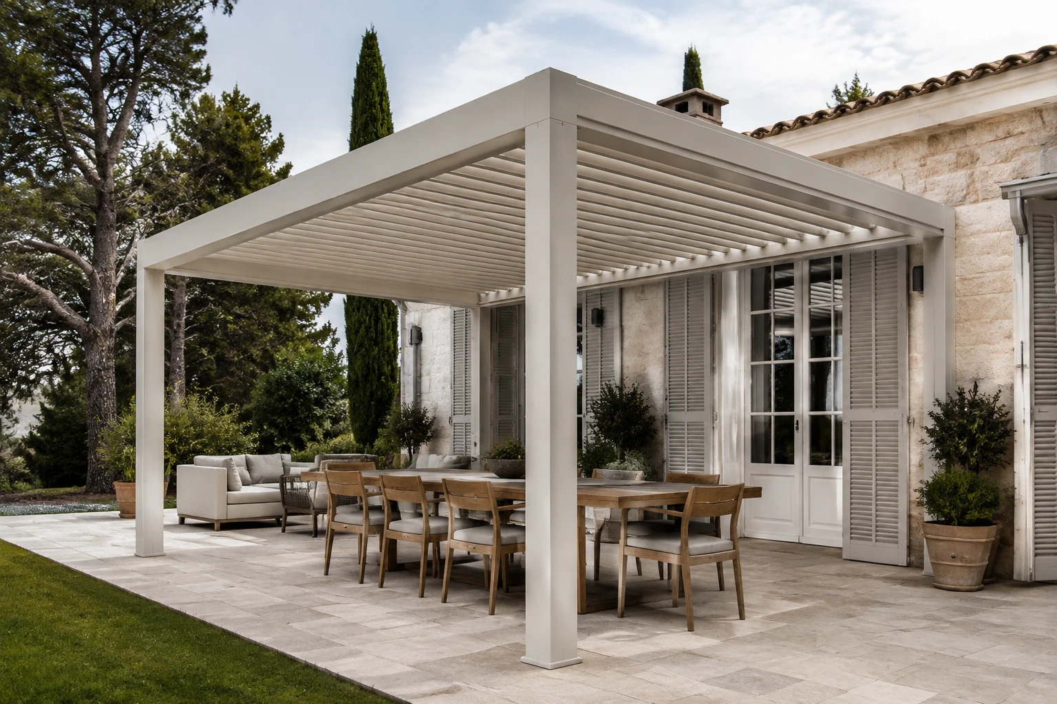 Weiße Pergola mit Lamellendach über einer Terrasse mit Esstisch