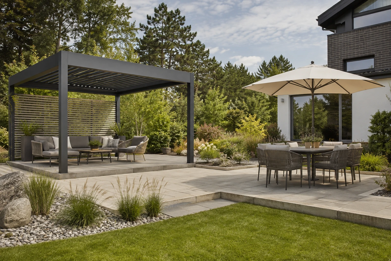 Pergola mit Lamellendach über einer Lounge im Garten
