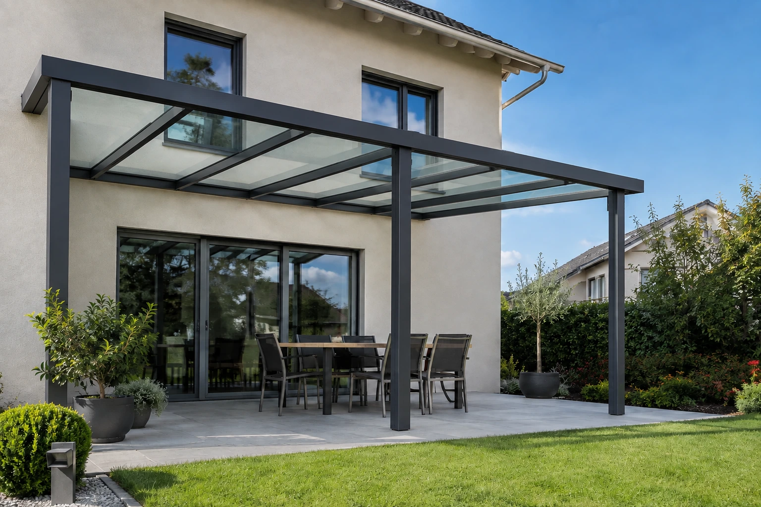Terrassendach mit Glasdeckung an einem Wohnhaus über einem Esstisch