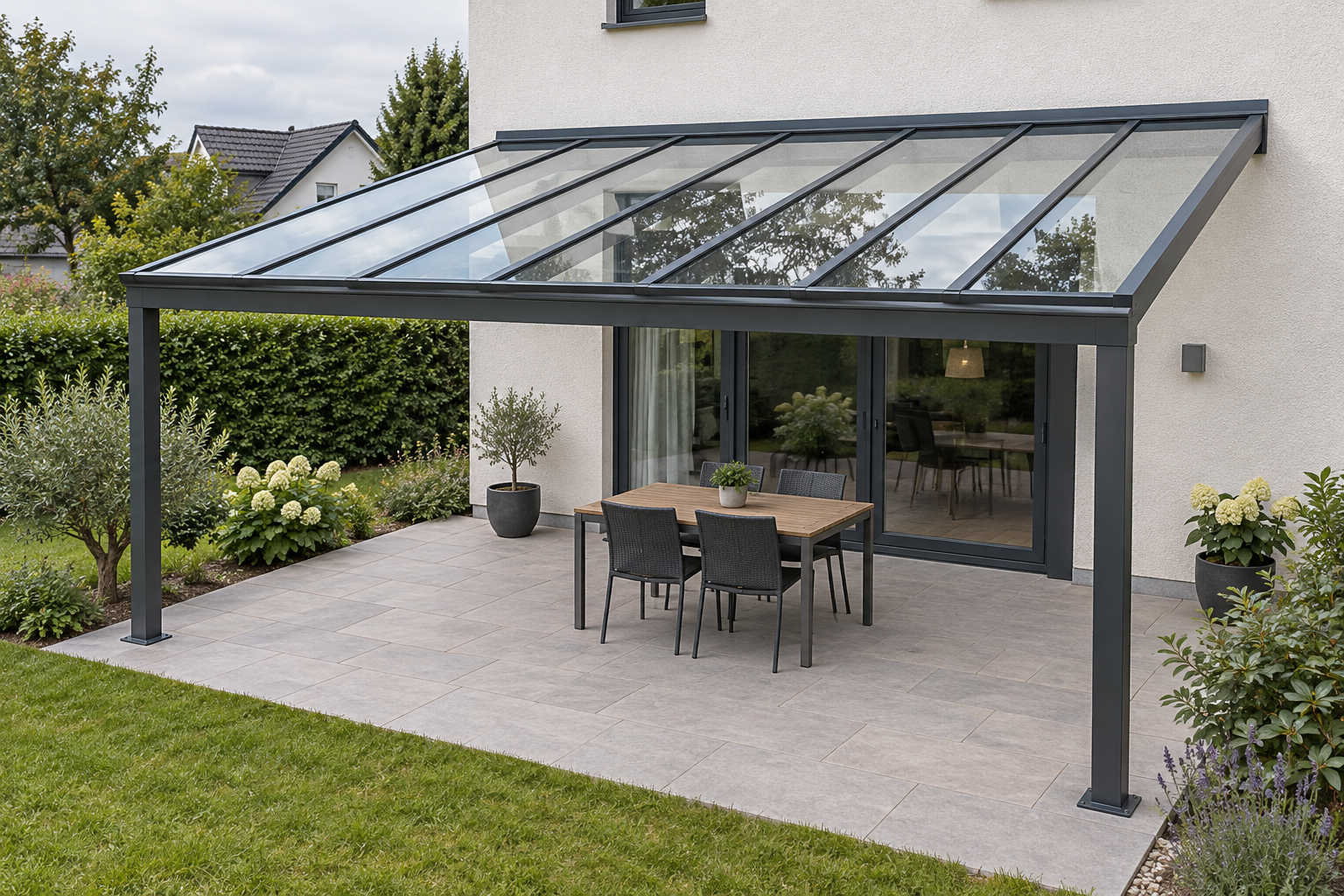 Terrassenüberdachung mit Glasdach an einem Wohnhaus