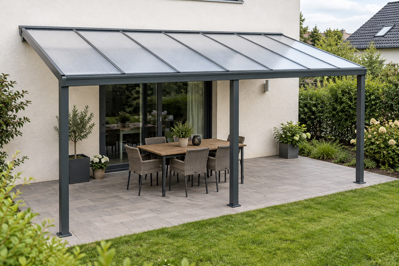 Terrassenüberdachung mit Stegplatten an einem Wohnhaus